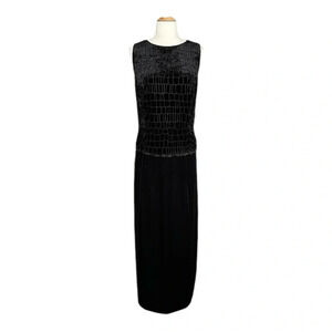 SCOTT McCLINTOCK Vintage 80s Maxi Column Dress Gown Black Velvet Burnout Beaded